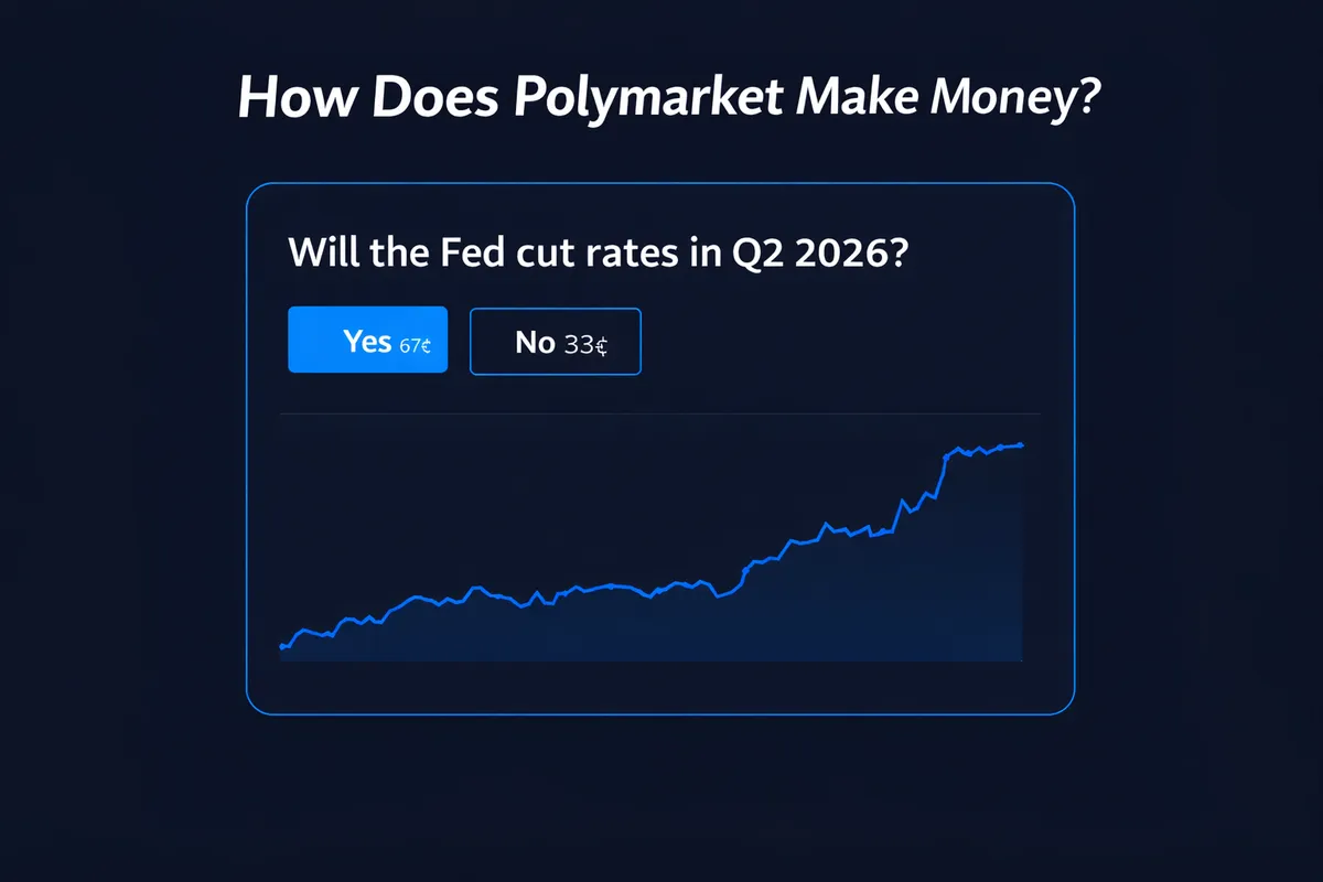 Polymarket market card asking Will the Fed cut rates in Q2 2026 with Yes at 67 cents and No at 33 cents, plus an upward-trending price chart
