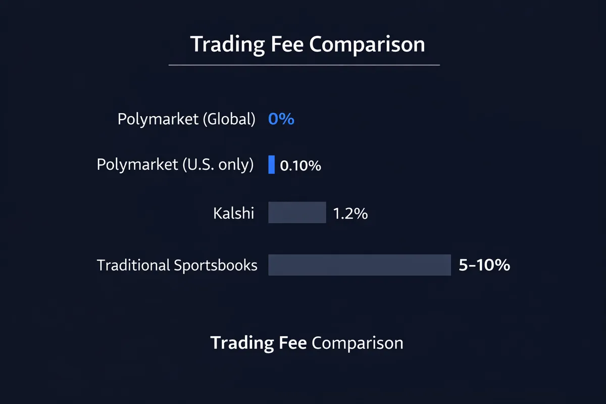 Trading fee comparison chart: Polymarket Global at 0 percent, Polymarket U.S. only at 0.10 percent, Kalshi at 1.2 percent, and Traditional Sportsbooks at 5 to 10 percent